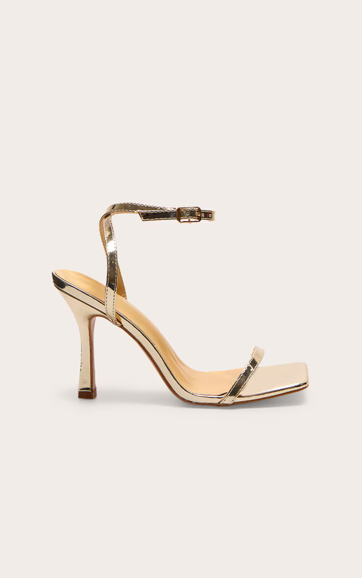 Gold PU Square Toe Barely There Mid Heeled Sandals | PrettyLittleThing UK