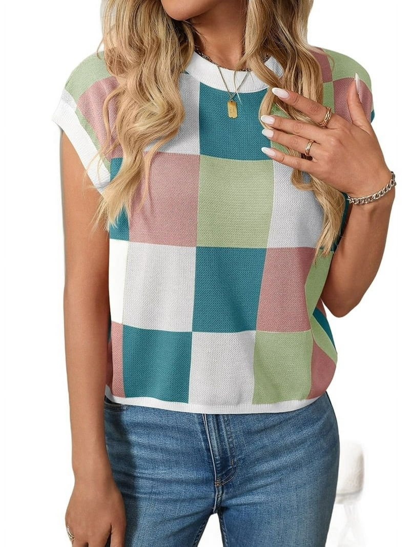 Womens Summer Crew Neck Cap Sleeve Crop Color Block Knit Short Sleeve Sweater Blue M Women's Knit... | Walmart (US)