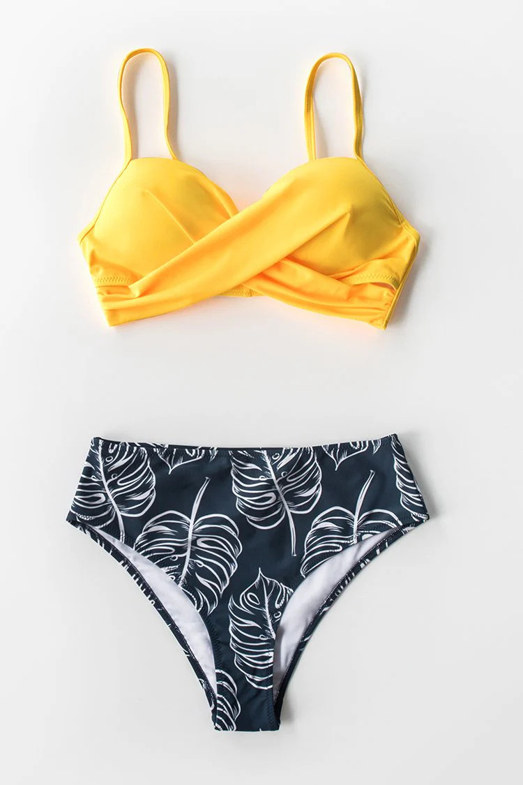 Yellow Twist-Front and Palm Print High-Waisted Bikini | Cupshe