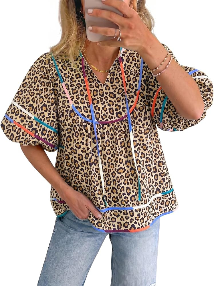 Cicy Bell Womens Floral Babydoll Tops V Neck Lantern Sleeve Loose Blouses | Amazon (US)