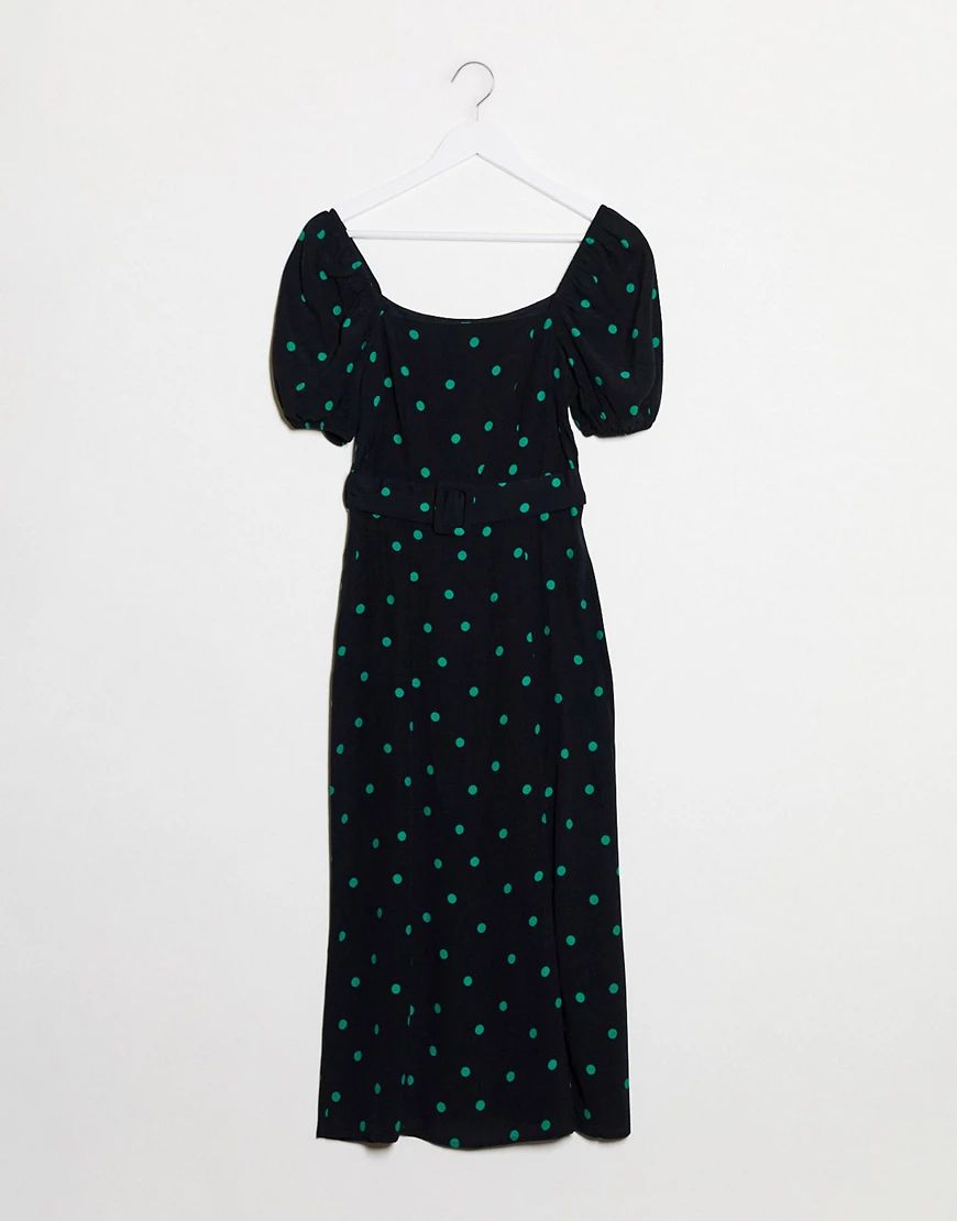 New Look square neck belted midi dress in polka dot-Black | ASOS (Global)
