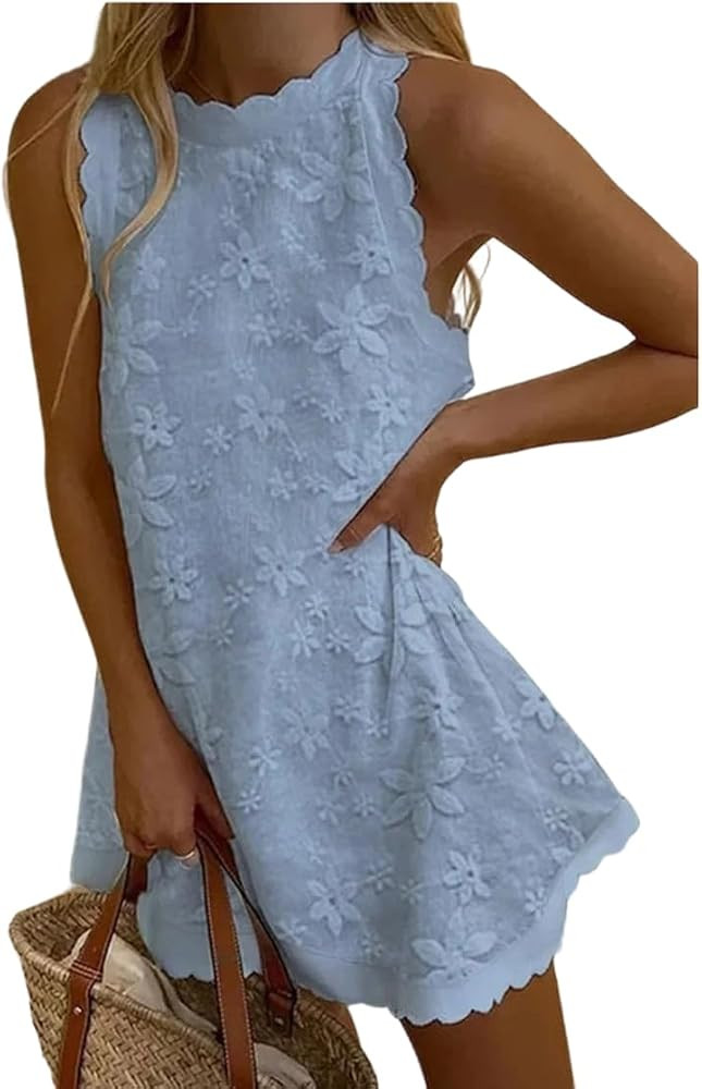 Women's Cute Mini Dress Sleeveless Boho Floral Lace Scalloped Edge Beach Vacation Dress | Amazon (US)