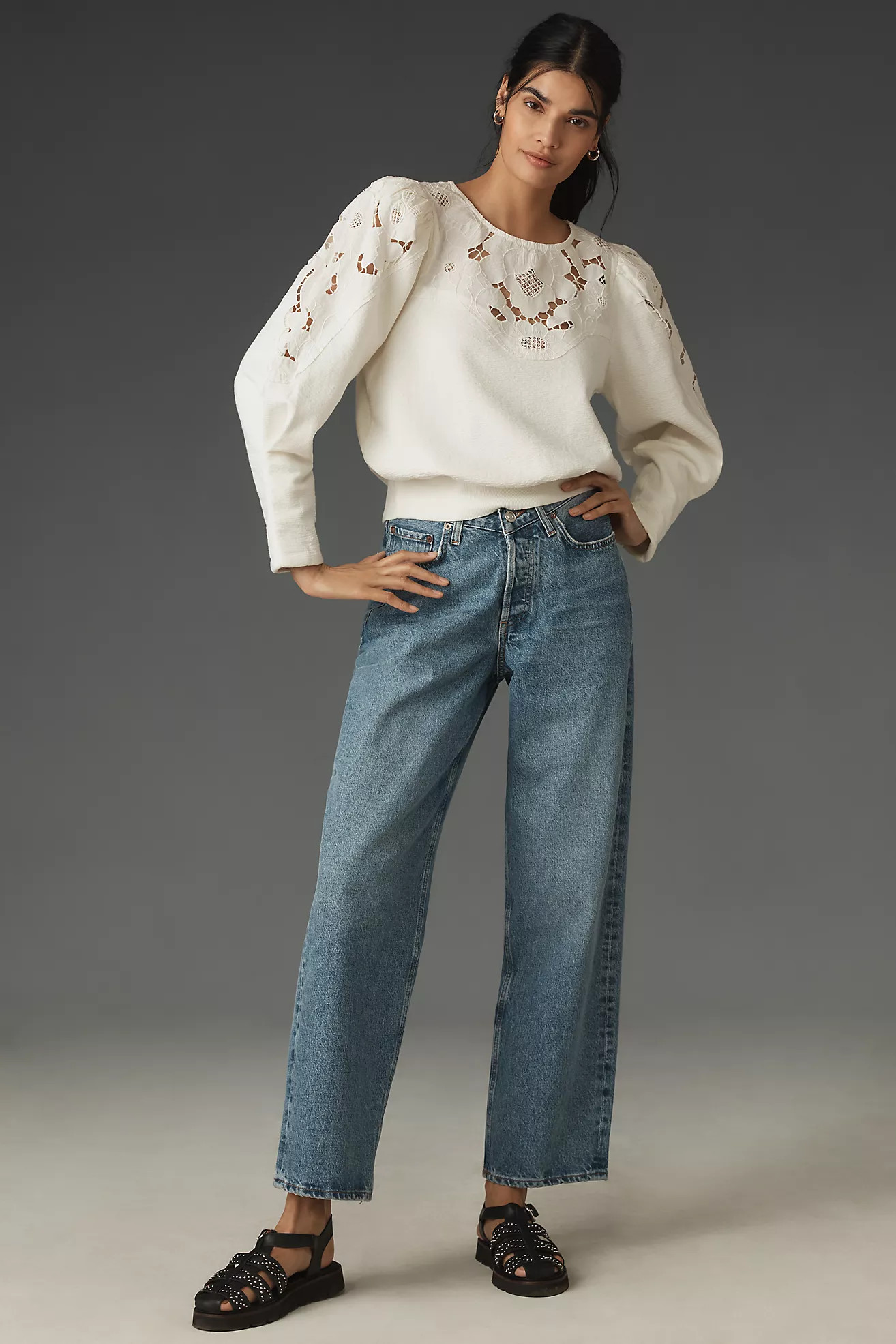 By Anthropologie Lace Cutwork Mutton-Sleeve Top | Anthropologie (US)