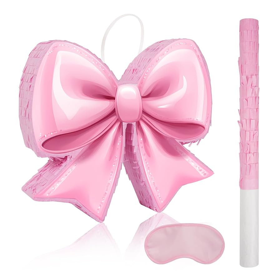 Pink Bow Piata - Watercolor Pink Bow Piata with Blindfold and Bat for Girls Kids' Birthday Party ... | Amazon (US)