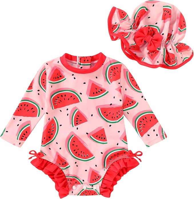 Infant Baby Swimsuit Girl Long Sleeve UPF 50+ Sun Protection One-Piece Rash Guard with Hat Zipper... | Amazon (US)