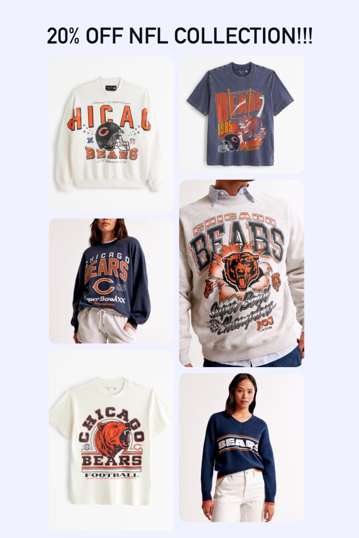 This NEVER happens!!! Get 20% off Abercrombie’s NFL collection for a limited time! Go go go!
Chicago bears sweatshirt 
Chicago bears tees 
Cute nfl sweatshirts 

#LTKFindsUnder100 #LTKSeasonal #LTKSaleAlert