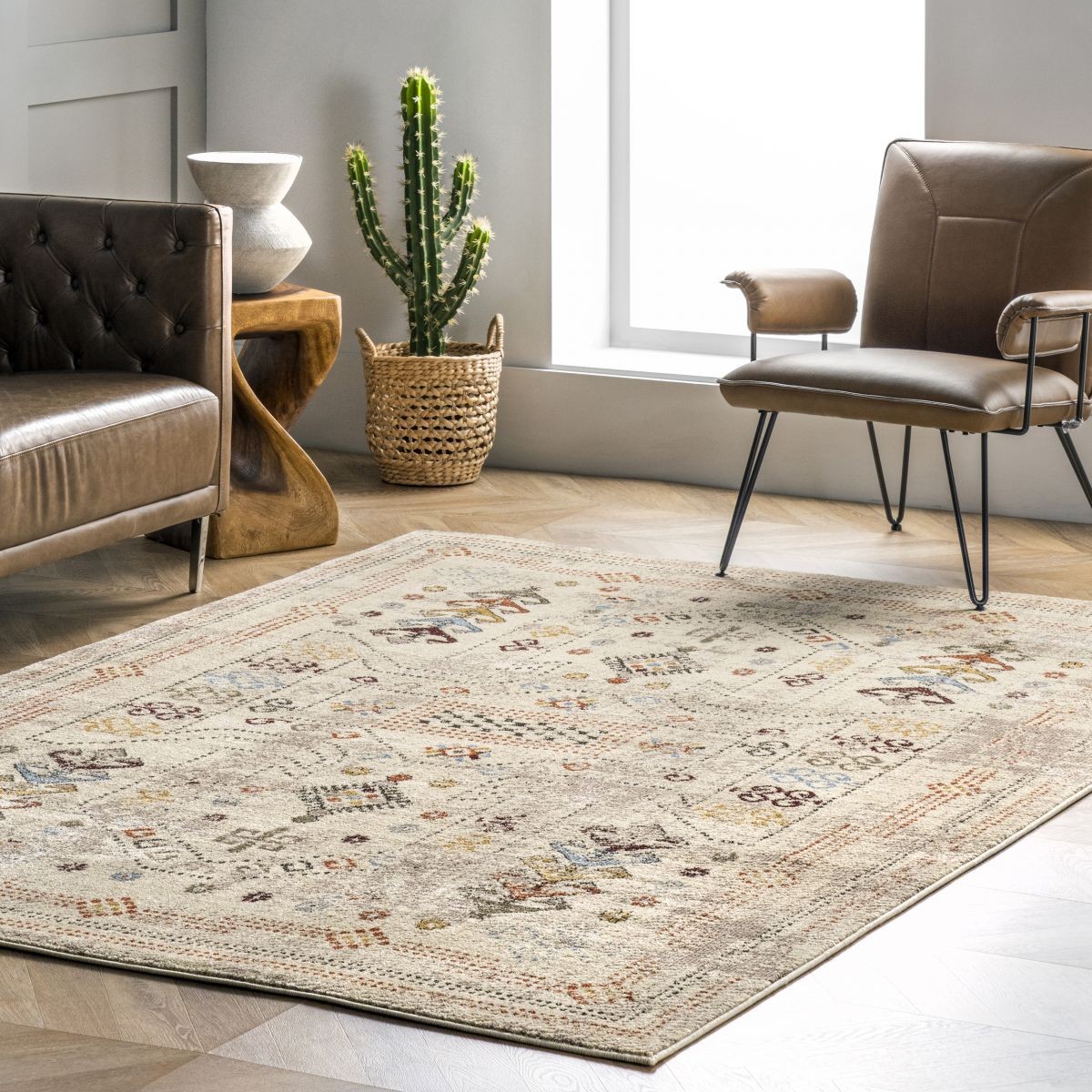 Beige Tribal Cartouche Area Rug | Rugs USA
