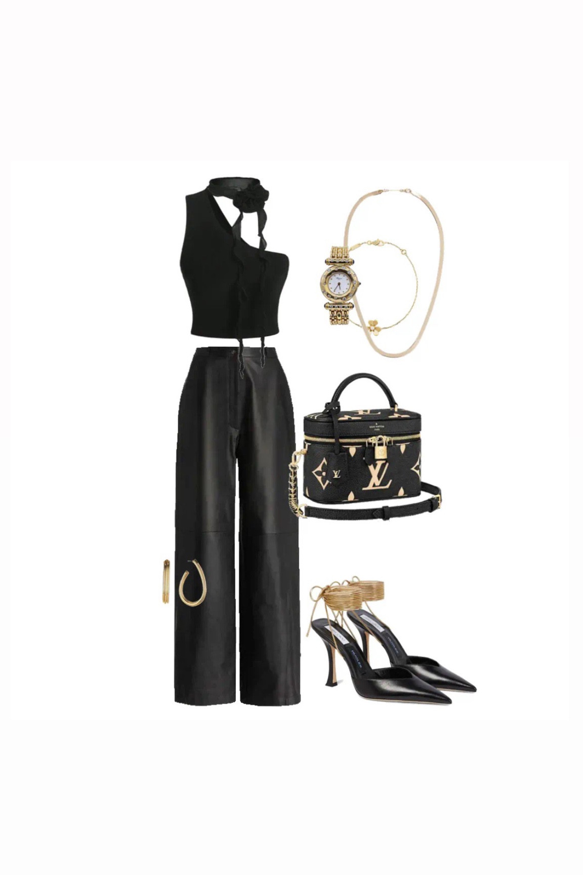 SHEIN black top classic 
Leather trousers 
Louis Vuitton bag 
Black heels 


#LTKshoecrush #LTKSeasonal