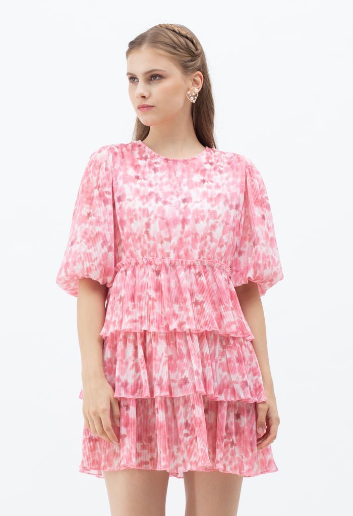 Pleated Tie-Dye Tiered Dolly Dress in Pink | Chicwish