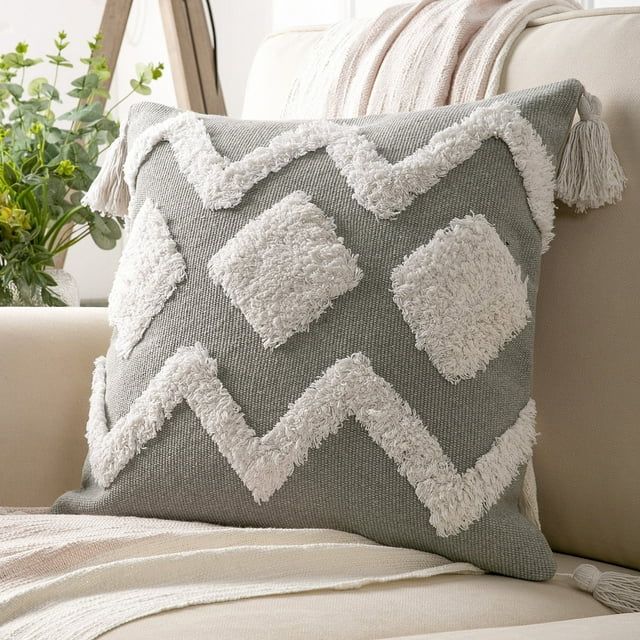 Phantoscope Boho Woven Tufted with Tassel Series Decorative Throw Pillow Cover, 18" x 18", Gray/W... | Walmart (US)
