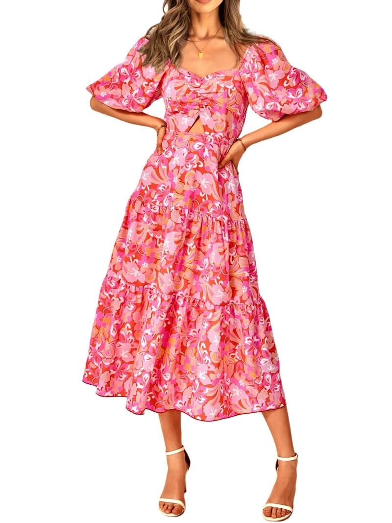 FreshPretty Women Summer Dresses Casual Flowy Beach Square Neck Puff Short Sleeve Smocked Back Bo... | Walmart (US)