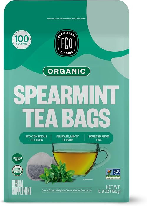 FGO Organic Spearmint Leaf Tea, 100 Count, Eco-Conscious Tea Bags, Caffeine Free, Resealable Bag,... | Amazon (US)