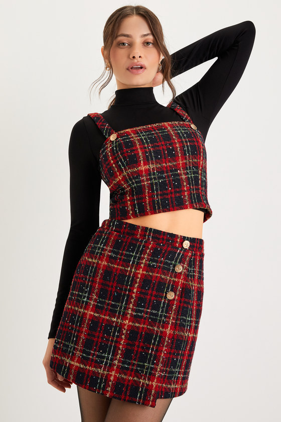 Adorably Posh Navy Blue and Red Plaid Tweed Faux-Wrap Mini Skirt | Lulus