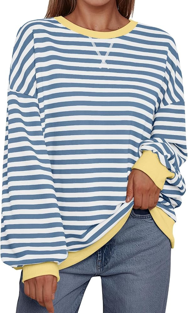 Trendy Queen Oversized Sweatshirt for Women 2024 Fall Crewneck Striped Long Sleeve Shirts Hoodies... | Amazon (US)