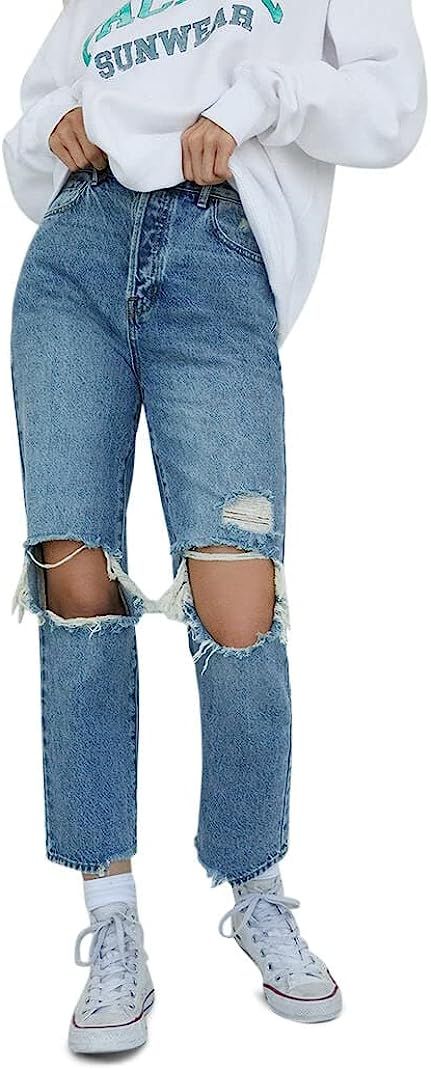 PacSun Women's Eco Medium Blue Distressed High Waisted Straight Leg Jeans | Amazon (US)