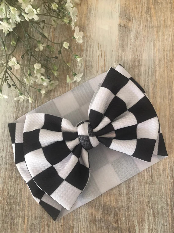 Black White Checkered Flag Headwrap, Soft 5in Nylon Bow Headband, Baby, Toddler, Girl Headwraps, ... | Etsy (US)