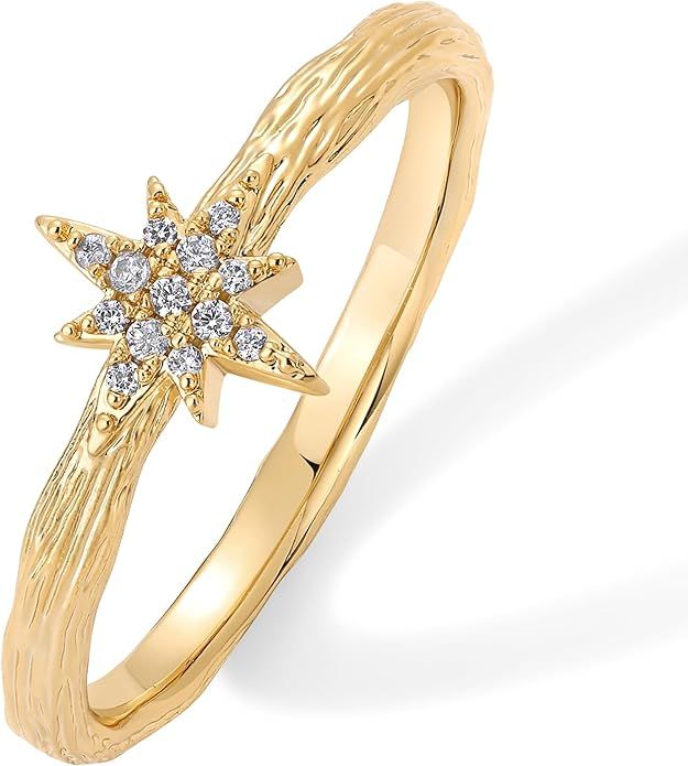 PAVOI 14K Gold Plated North Star Hammered Ring for Women | Dainty Celestial Stackable Cubic Zirco... | Amazon (US)
