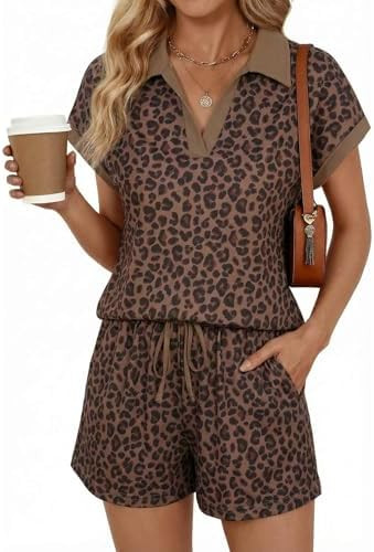 Yousify 2 Piece Sets for Women Cap Sleeve V Neck Lapel Tops and Drawstring Shorts Summer Casual O... | Amazon (US)