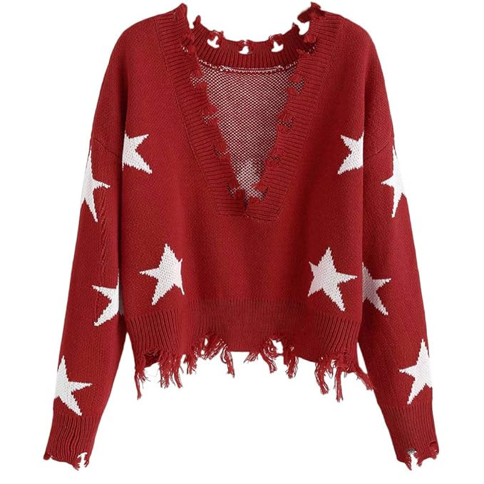 ZAFUL Women's Solid V Neck Loose Sweater Long Sleeve Ripped Jumper Pullover Knitted Crop Top | Amazon (US)