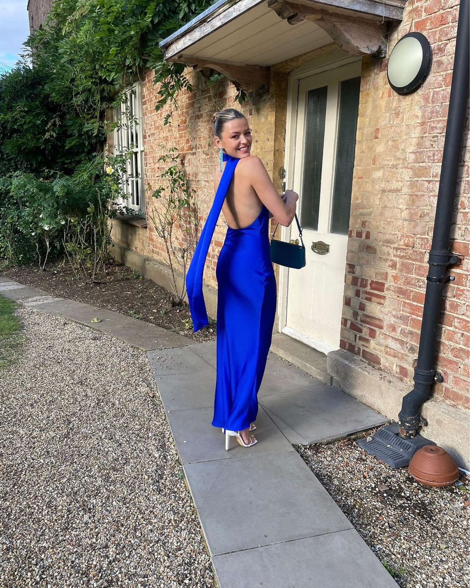 Wedding guest outfit, wedding guest dress, satin dress, silk dress, electric blue dress, halter neck dress, white heels, strappy heels, turquoise bag, baguette bag, ASOS, Public Desire, Club L London, River Island, Reiss

#LTKwedding #LTKstyletip #LTKeurope