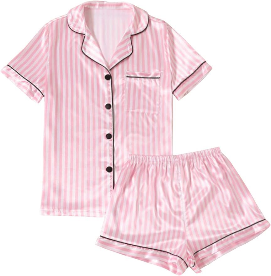 LYANER Women's Striped Silky Satin Pajamas Short Sleeve Top with Shorts Sleepwear PJ Set Pink Sma... | Amazon (US)