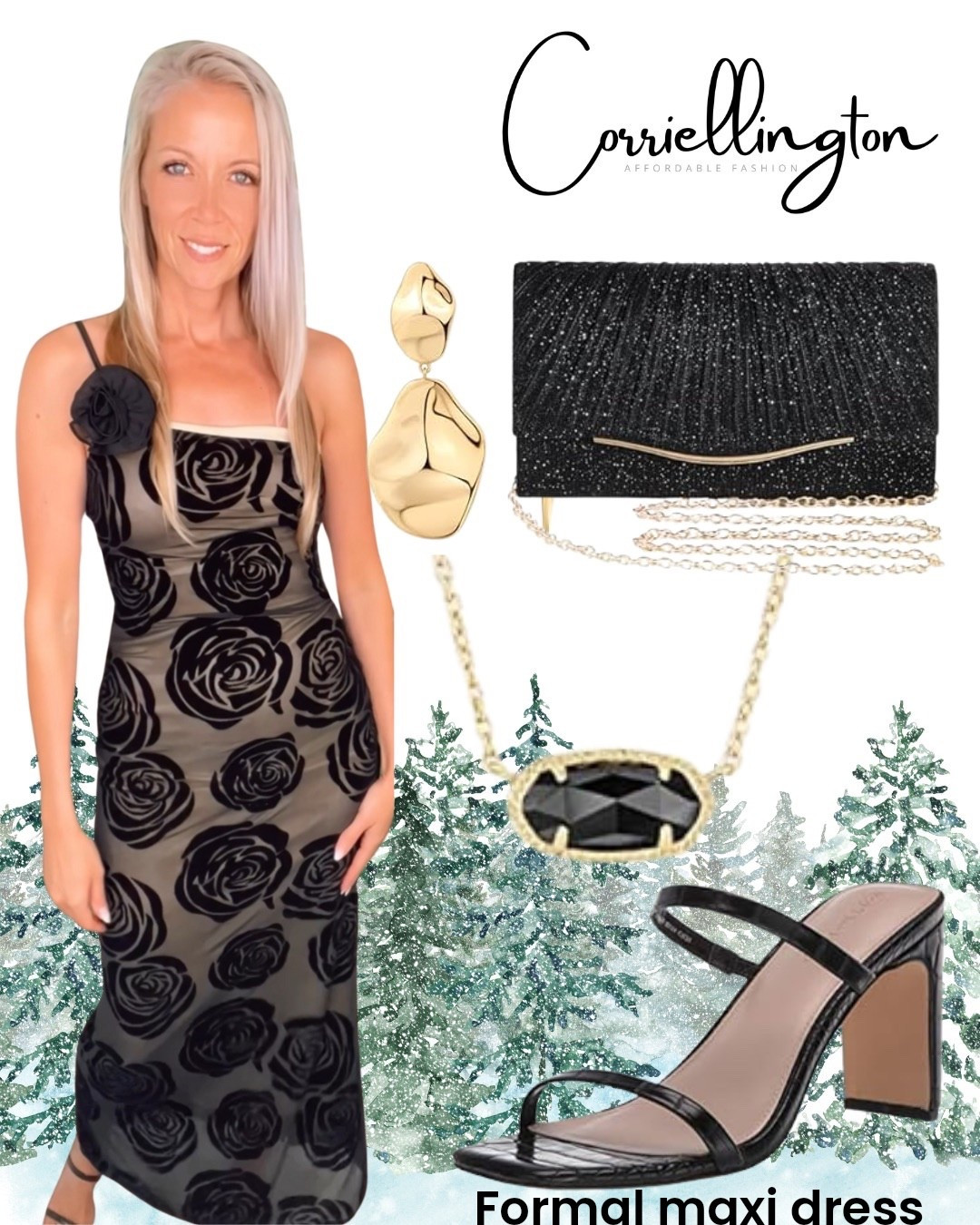Wearing size small in the  black floral mesh maxi dress!
Long black maxi dress for winter formal event special occasion dress 
Black sparkly purse 
Black Kendra Scott pendant necklace 

#LTKWedding #LTKHoliday #LTKParties