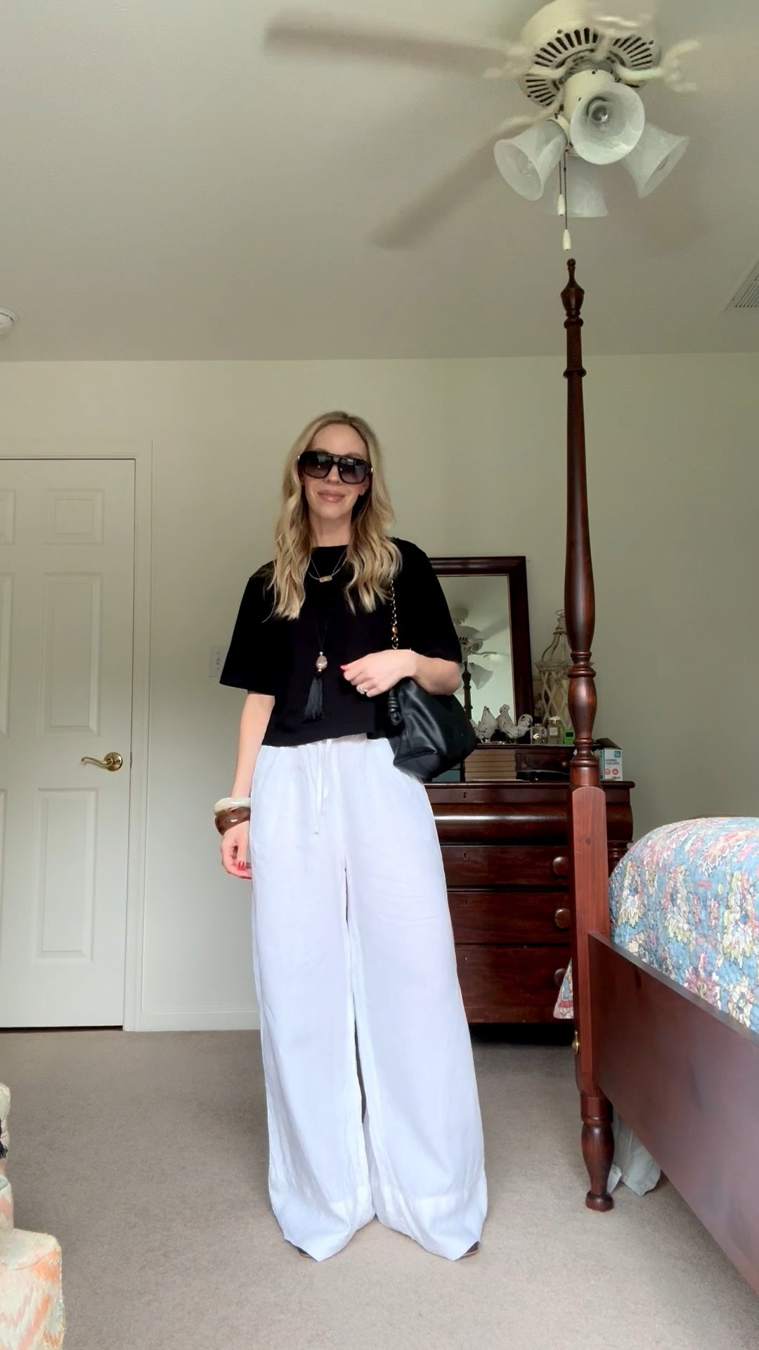 Summer vacation outfit, cropped tee, wide leg white linen pants, jelly shoes, beaded pendant necklace, black and white summer outfit

#LTKSeasonal #LTKOver40 #LTKTravel