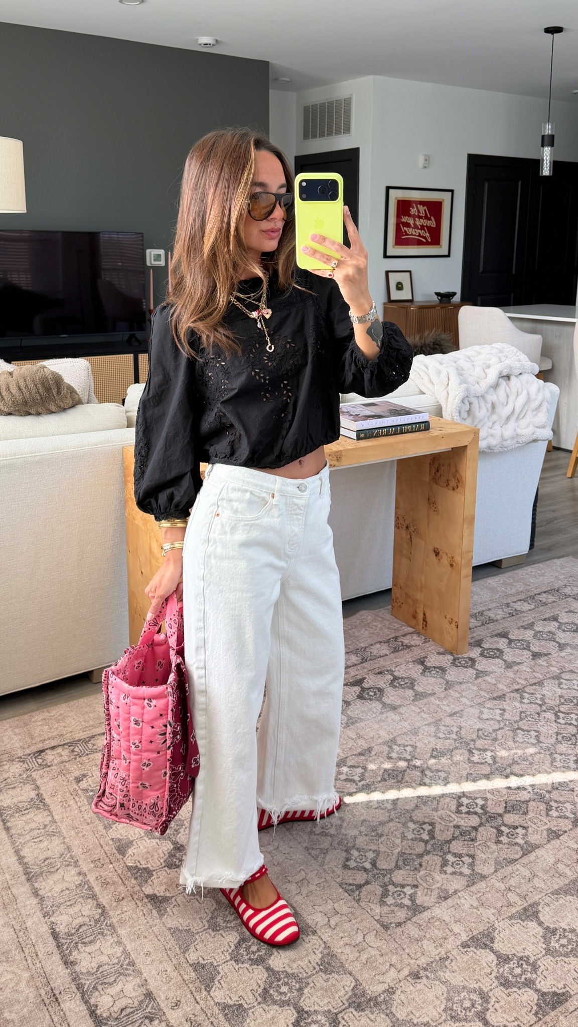 2 in the blouse and 24 jeans that I cut myself! My sunglasses are Tom Ford Quincy style in dark Havana 