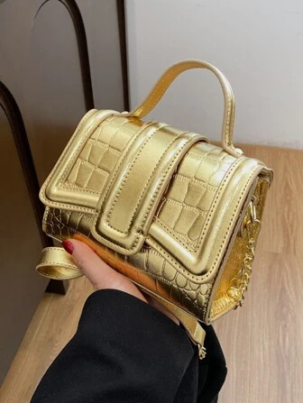 Mini Metallic Satchel Crocodile Embossed Flap Square Bag | SHEIN