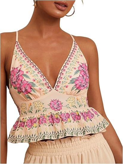 Floerns Camisola bohemia tropical con tirantes delgados para mujer, dobladillo con volantes | Amazon (US)