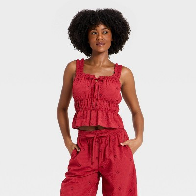 Women's Ruffle Seersucker Tie-Front Tank Top - Auden™ Red XS | Target