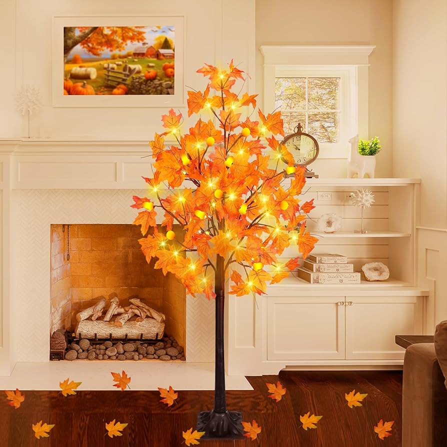 [ 8 Modes & Timer ] 4 Ft Fall Decor Artificial Lighted Maple Tree, 63 LED Prelit Maple Tree 7 Pum... | Amazon (US)
