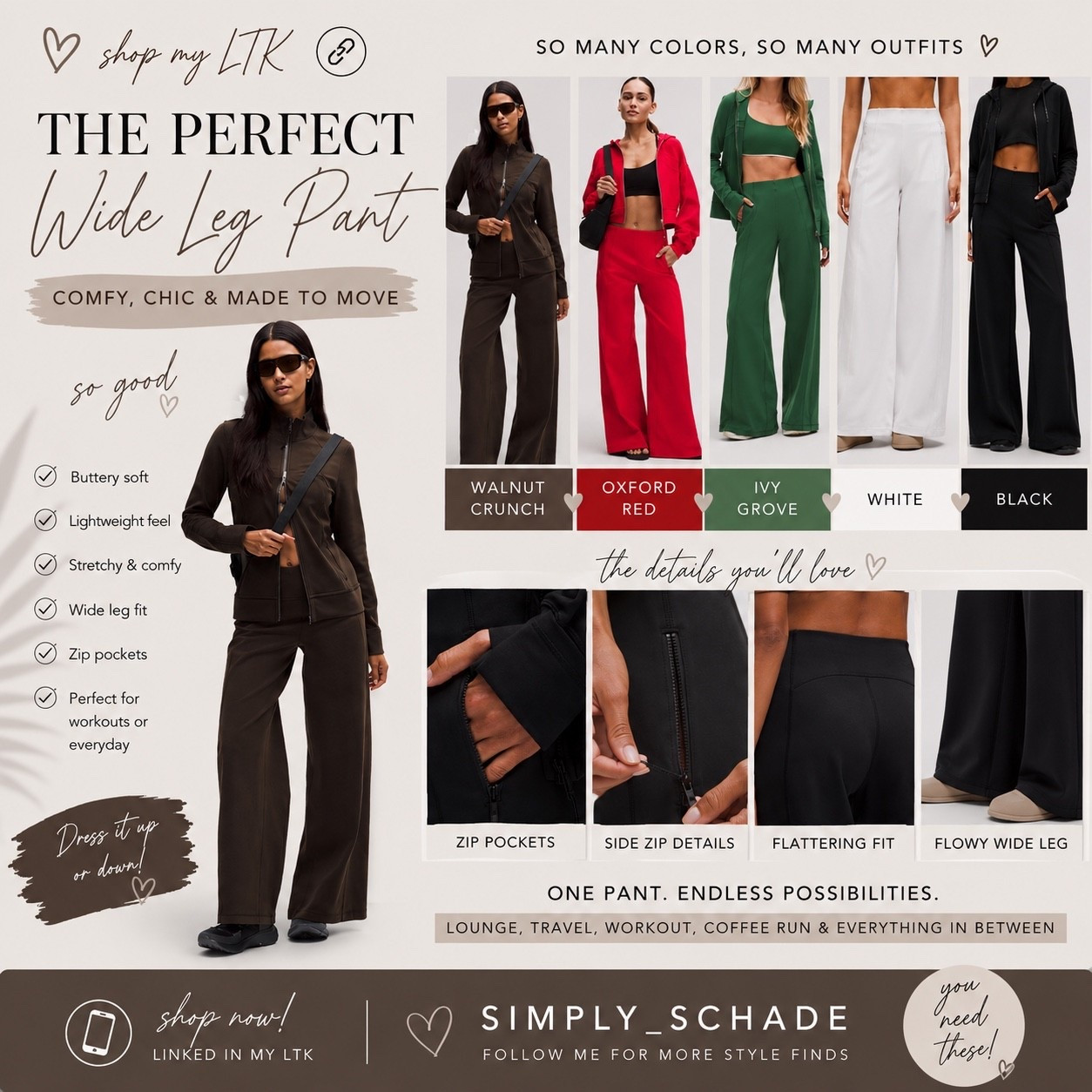 OK these pants are GOOD 😍 So comfy, flattering, and the perfect wide leg fit. Dress them up or throw them on for errands, travel, coffee runs, or everyday 🤎

And can we talk about the COLORS?! 👏🏼 I’m obsessed with the walnut crunch, but the red, green, white & black are sooo good too!

Linked in my LTK 🤍@simply_schade

#LTKStyle #LTKFinds #WideLegPants #OOTD #ComfyStyle #MomStyle #EverydayStyle

#LTKootd #LTKgrwm #LTKmomlife