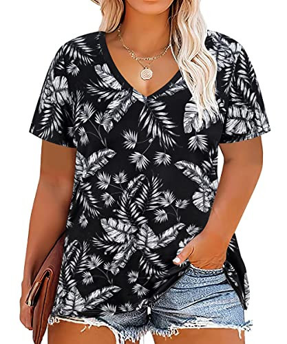 CARCOS Plus Size Floral Tops for Women 4X Leaf Print Black Shirts V Neck Short Sleeve Tunics Summer Casual Blouse Leaf Flower Print Loose Fit 4XL 24W 26W | Amazon (US)