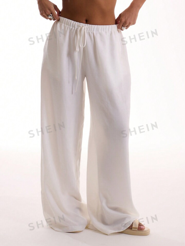 MUSERA Holiday Textured Linen Feel Tie Waist Trouser | SHEIN
