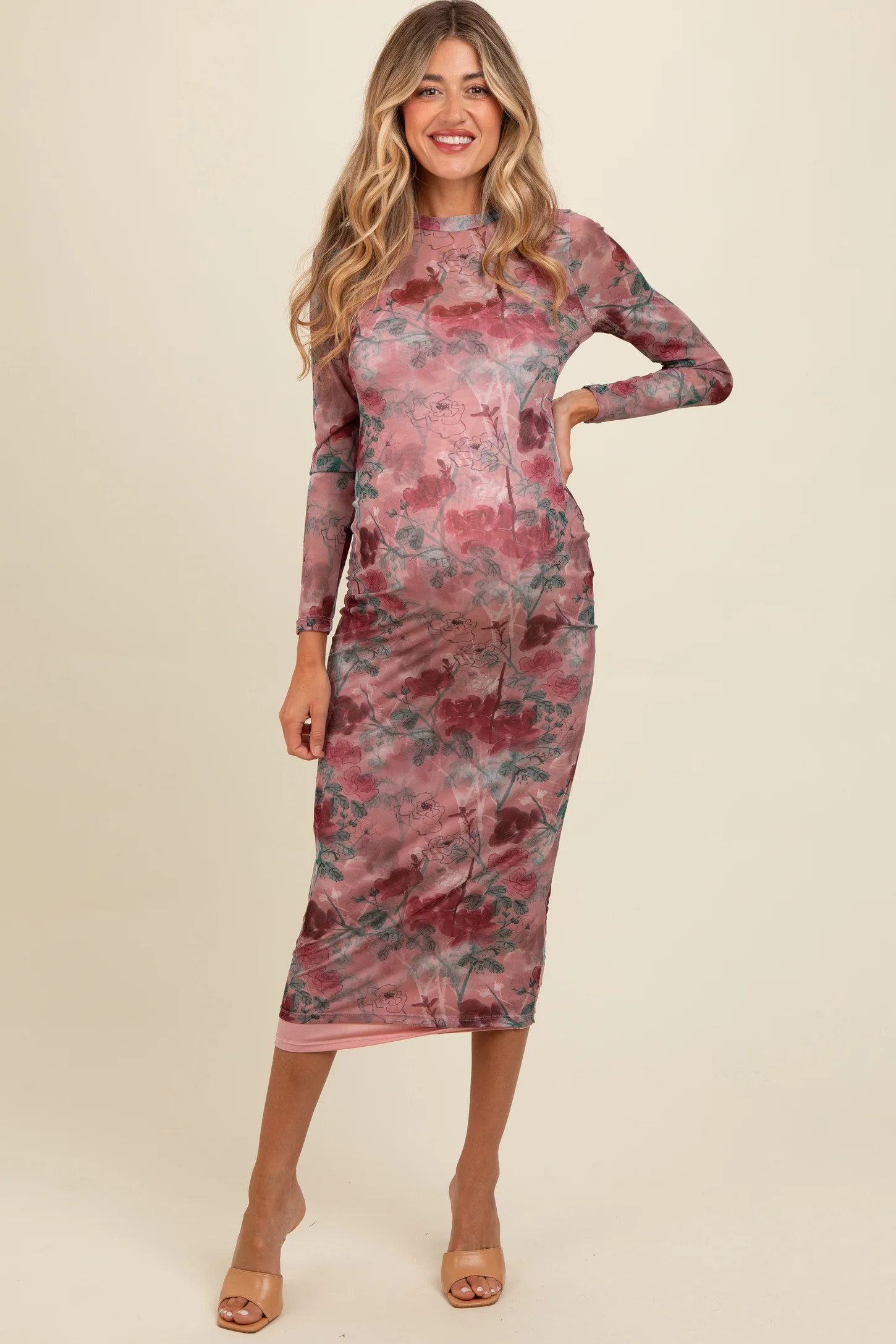 Mauve Floral Printed Mesh Overlay Maternity Maxi Dress | PinkBlush Maternity