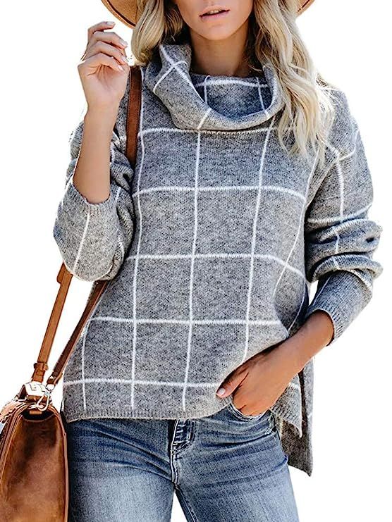 cordat Womens Turtleneck Grid Pattern Pullover Sweaters Long Sleeve Chunky Plaid Knitted Jumper T... | Amazon (US)