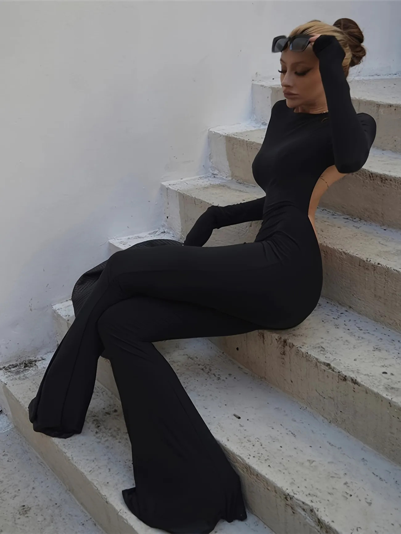 Backless Flared Leg Jumpsuit, Sexy Solid Long Sleeve Crew Neck Jumpsuit, Women's Clothing | Temu Affiliate Program