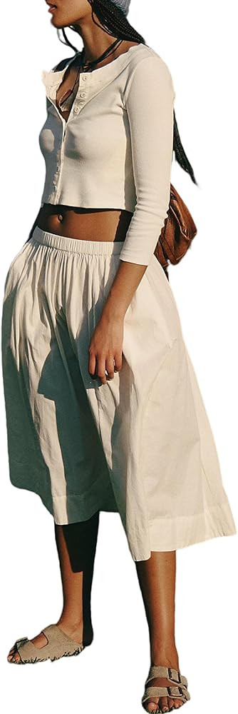 Womens Skirt Sets Long Sleeve Button Down Cardigan Elastic Waist Dress Midi Skirt Fashion Clothes | Amazon (US)