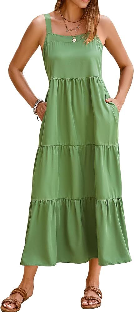 SimpleFun Womens Summer Dresses Sleeveless Adjustable Straps Tiered Maxi Dress with Pockets Casua... | Amazon (US)