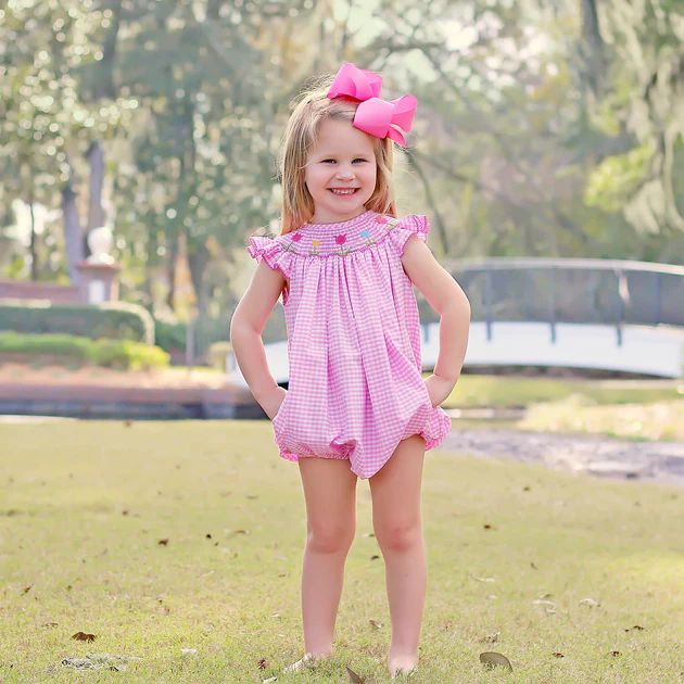 Tulip Season Pink Gingham Smocked Bubble | Classic Whimsy