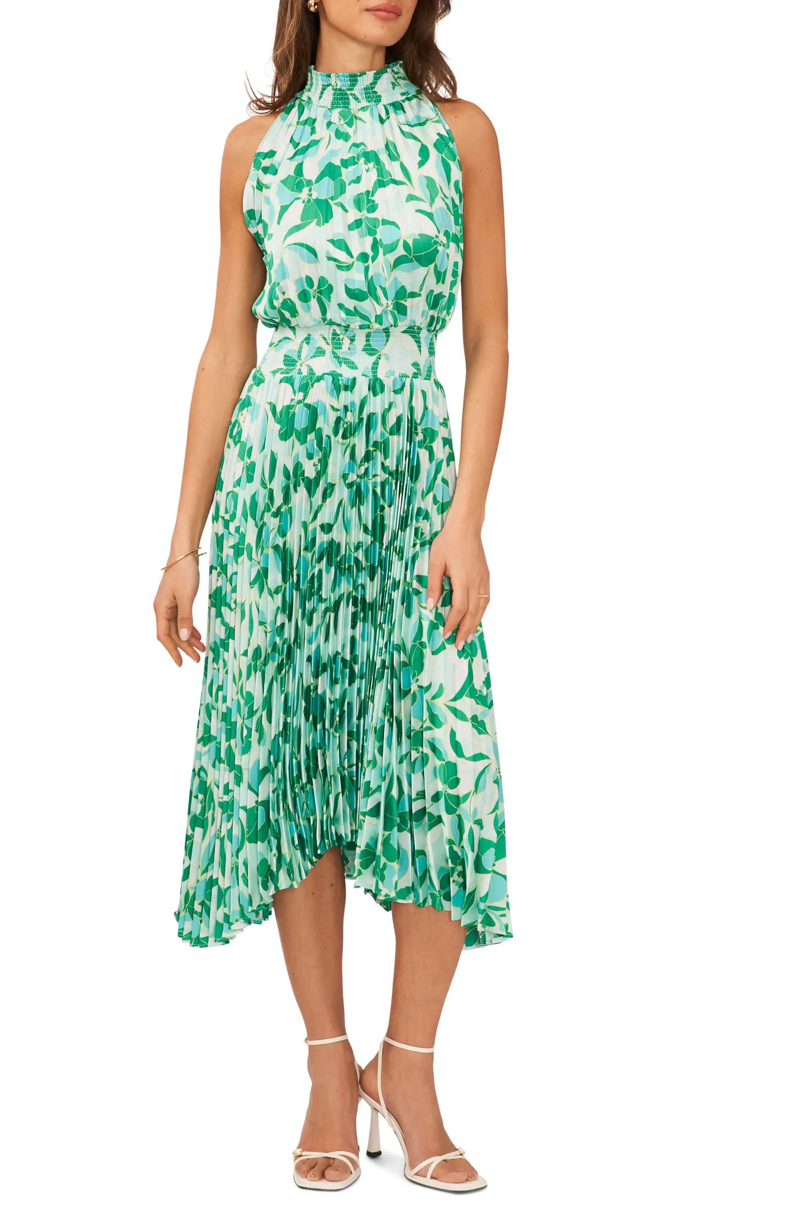 Floral Pleated Sharkbite Hem Midi Dress | Nordstrom