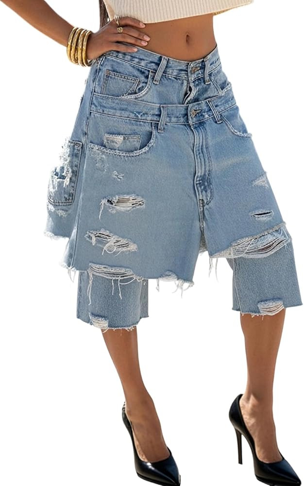 NRTHYE High Waisted Ripped Jean Shorts Baggy Wide Leg Frayed Patchwork Bermuda Denim Shorts Cargo... | Amazon (US)