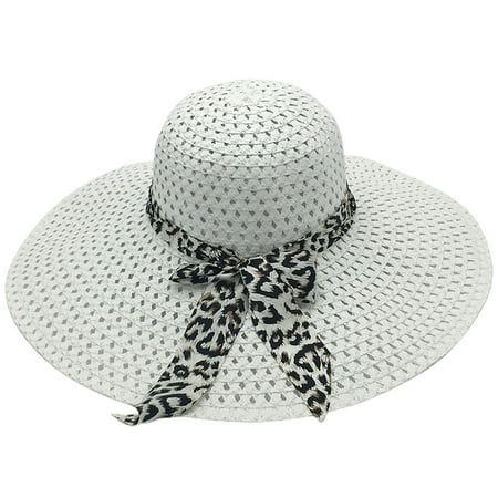GYMNASTIKA-Sunscreen Braided Foldable Straw Hat Leopard Bowknot Decor Wide Brim Women Beach Hat Fash | Walmart (US)
