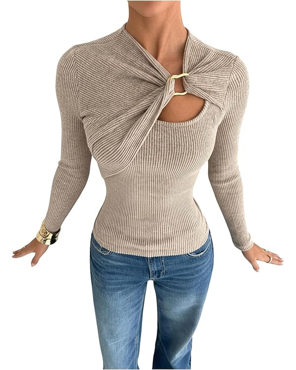 Verdusa Womens Long Sleeve Shirts Asymmetrical Tops Cut Out Going Out Knit Tops Slim Fit | Amazon (US)
