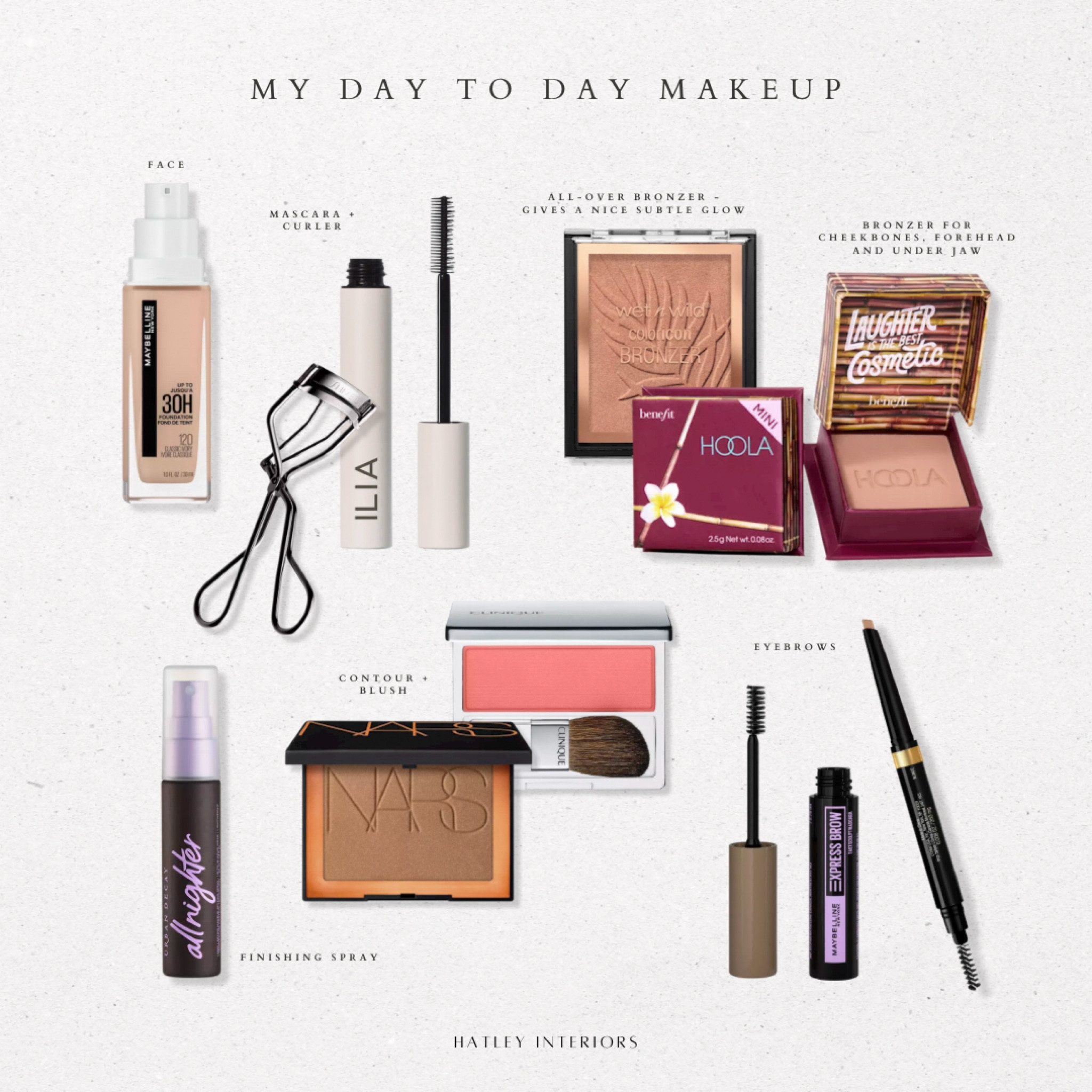 I typically opt for drugstore foundation & clean mascara for WFH days! 

Shades:
Maybelline - classic ivory 
Ilia Mascara - after midnight 
Bronzer - ticket to brazil
Benefit Hoola: original 
Nars: Laguna 
Clinique: sunset glow 
Eyebrow gel: light blonde 
Eyebrow pencil: blonde 