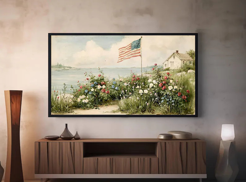 4th of July American Flag Frame TV Art, Samsung TV Independence Day Vintage Painting | Etsy (Global)