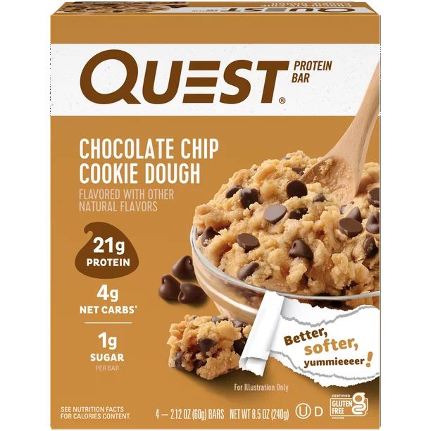 Quest Protein Bar, Gluten Free, Low Carb, Chocolate Chip Cookie Dough, 4 Count - Walmart.com | Walmart (US)