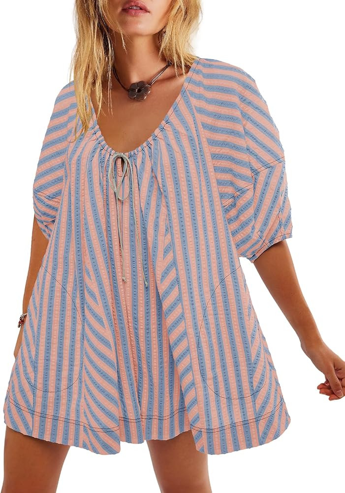 Yanekop Womens Romper Dress with Shorts Striped Romper Overall Oversized Short Jumpsuit V Neck Pu... | Amazon (US)