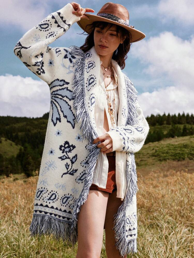 Bohemela Autumn/Winter Women's Casual Vintage Jacquard Fringe Trim Bohemia Pattern Minimalist Long Sleeve Open Fuzzy Vintage Loose Knitted Cardigan, Western Country Style Concert Vacation, Suitable For Vacation & Daily Wear & Back To School, Halloween , Christmas | SHEIN